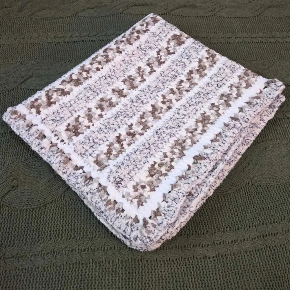 Handmade Knit Baby Blanket Fuzzy White Brown Blue Striped